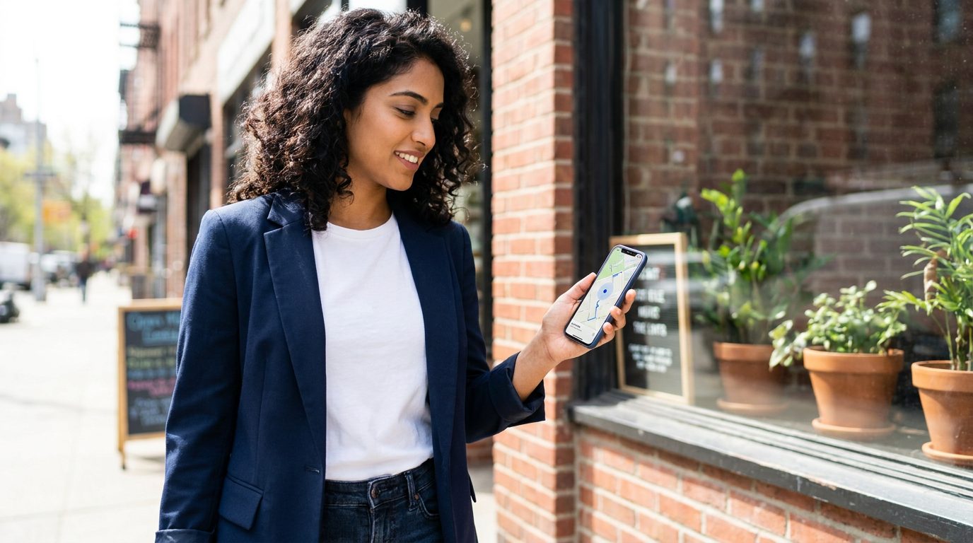 Young Indian woman using Google Maps on a phone outside a Goa storefront